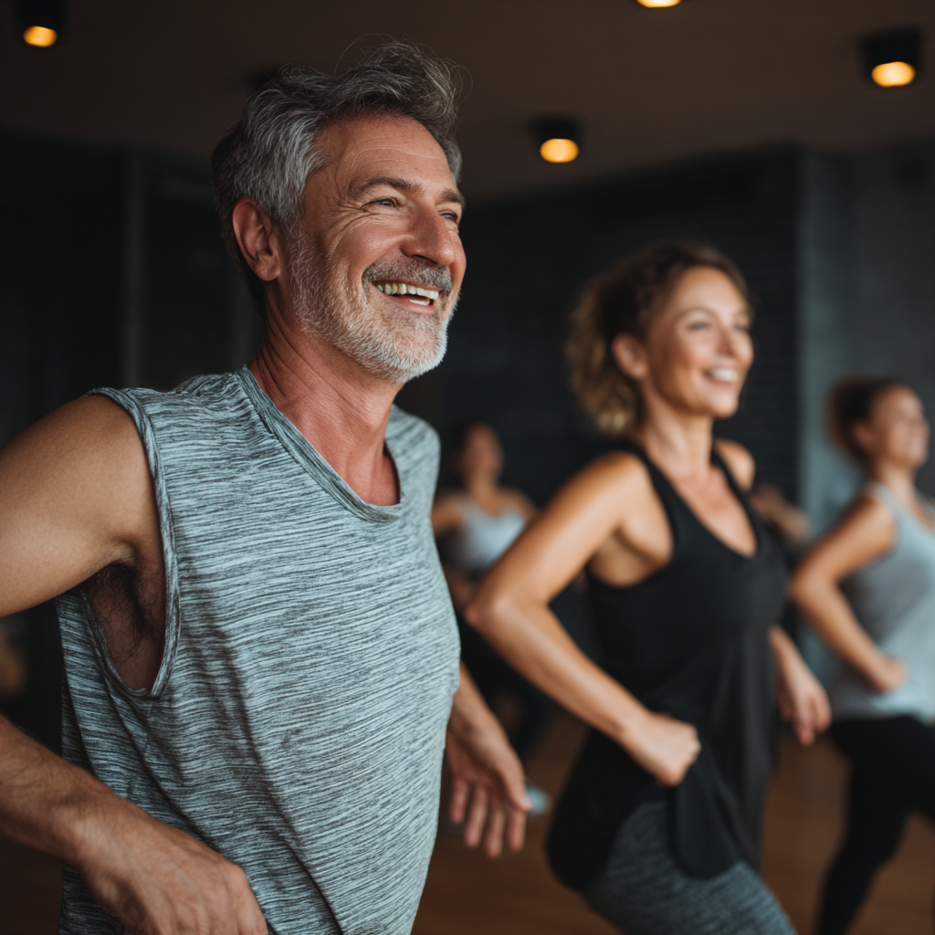 Elderly Ukrainian man and woman enjoying gentle outdoor exercise together in a park setting